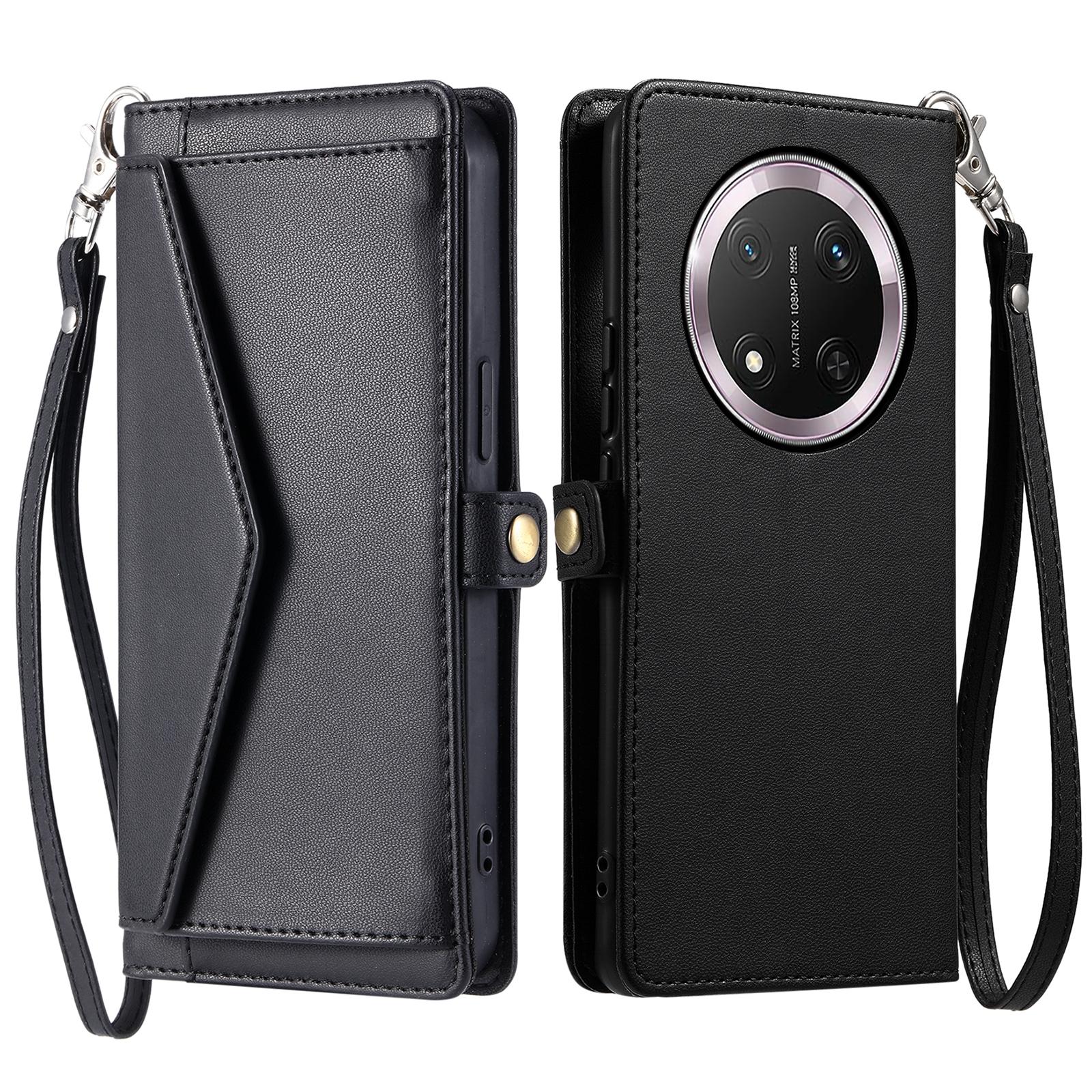 

For Honor Magic7 Lite 5G/X9c 5G/X60 Pro 5G Leather Case Wallet Stand Phone Cover with Straps Black