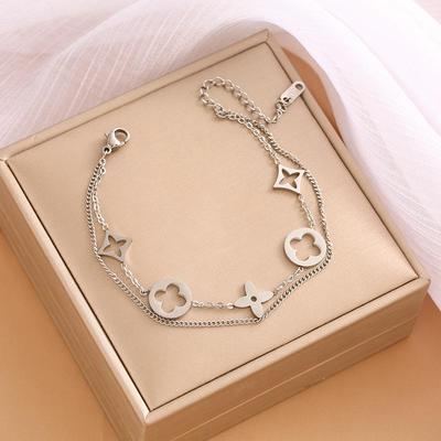 Korean Titanium Steel 18K Gold-Plated Double-Layer Four-Leaf Clover Bracelet