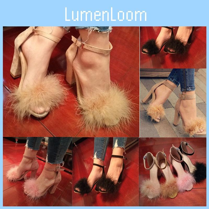 Elegant Womens Fashion Summer Lace Up High Heel Sandals With Hair Ball Design