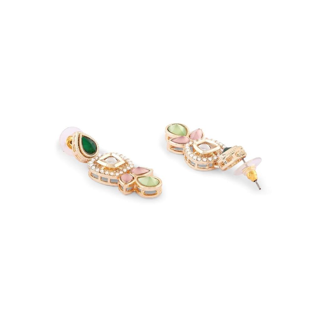 Green Pink Stones Austrian Diamonds Embellished Choker Necklace Earring & Ring Set For Women