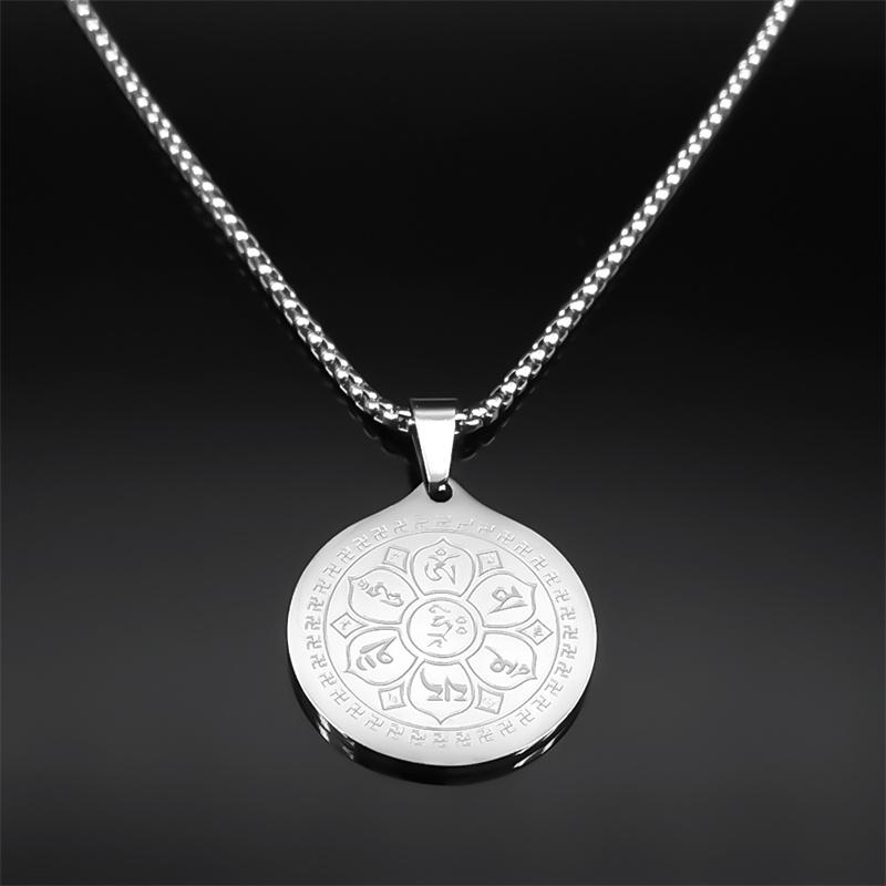 Eight Auspicious Treasures Six Character Mantra Lotus Medal Necklaces for Men Women Stainless Steel Eight-Treasure Lotus Jewelry
