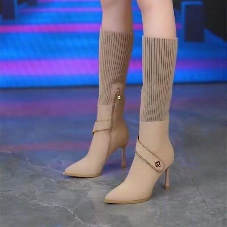 Fashion Elegant Heeled Women's Half High Boots Pointed Toe Ladies Mid Calf Shoes Hot Trend 2025 Gyaru on Promotion Comfortable Chic Boot