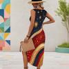 Women Plus Size U Neck Sleeveless White Printed Tank Midi Dress High Side Slit Curved Hem