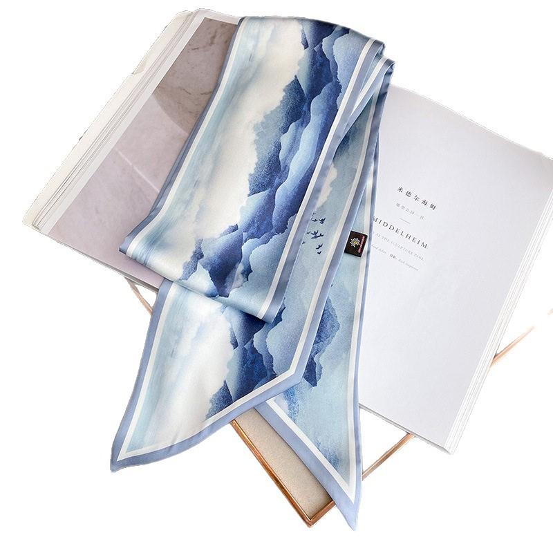 Blue oil painting neck small long silk scarf women's spring and summer shirt high-end scarf new bag headband