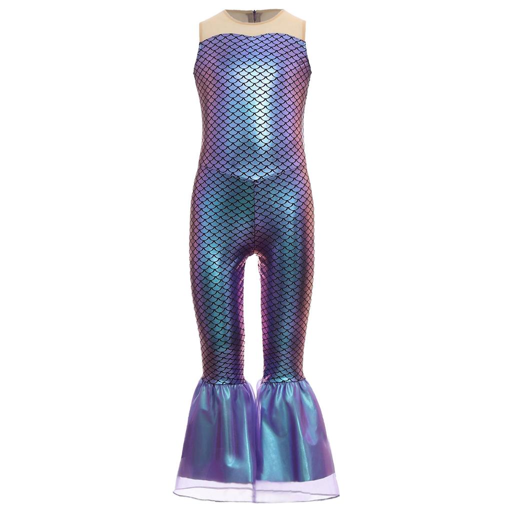Girls Mermaid Cosplay Costume Sleeveless Flared Jumpsuit Fish Scales Design Halloween Party Outfit