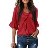 Spring Autumn Women's Black Ruffle V Neck Blouse 3/4 Bell Sleeve Casual Flowy Top