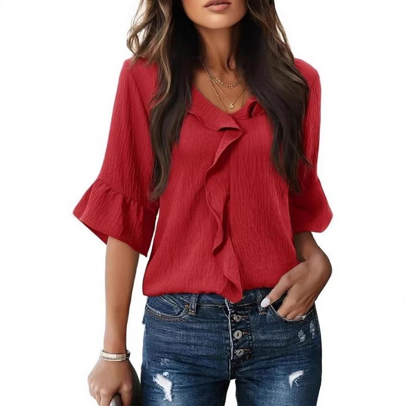 Spring Autumn Women's Black Ruffle V Neck Blouse 3/4 Bell Sleeve Casual Flowy Top