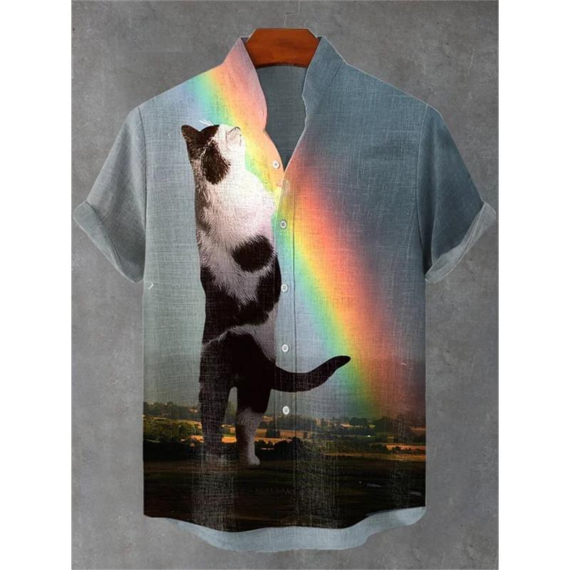Men's short-sleeved shirt with a fun cat print, stand-up collar, single-breasted casual style. Hawaiian shirt, men's unique top.