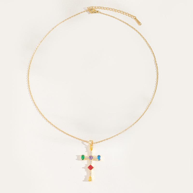 Color Zircon Cross Necklace Women'S High Sense Personality Versatile Inlaid Pendant Collarbone Chain