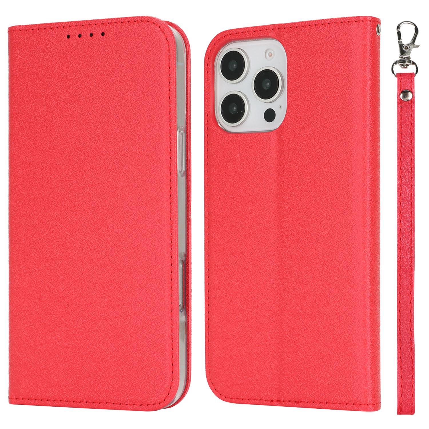

For iPhone 16 Pro Case PU Leather Silk Texture Magnetic Flip Phone Cover Red