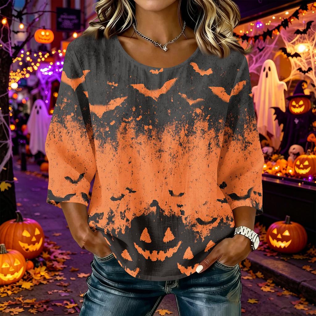 Women's Casual Halloween Print Round Neck Three Quarter Sleeve Linen Cotton Blend Top Comfortable Loose Fit Autumn Shirt