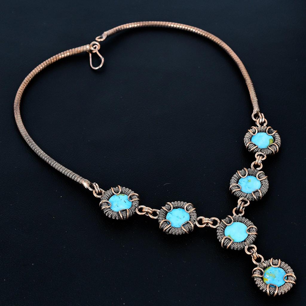 Tibetan Turquoise Necklace Gemstone Jewelry, 999 Copper Wire Wrapped Necklace, Handmade Jewelry Birthstone Necklace