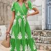Women's V-neck flared sleeve floral print pocket short-sleeved dress