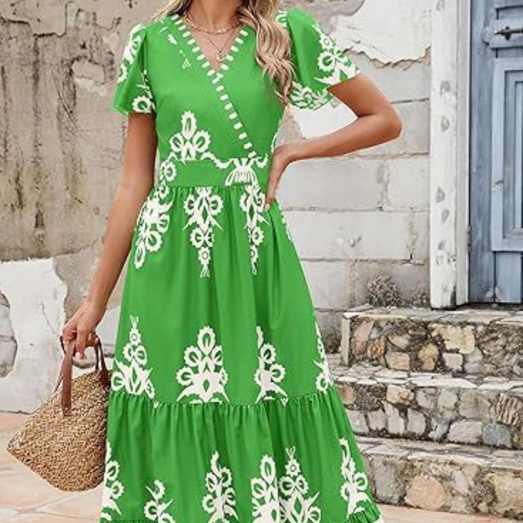 Women's V-neck flared sleeve floral print pocket short-sleeved dress
