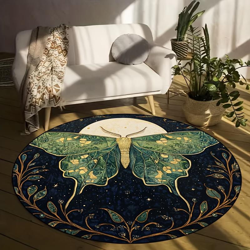 

Moon Moth Art Round Rug Flannel Printed Carpet Boho Style Home Decor Cozy Soft Floor Mat Living Room Indoor Use 60CM(23.6inch)