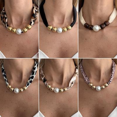 Vintage Leopard Print Silk Scarf Flannel Knotted Necklace Female, Creative Imitation Pearl Ccb Beaded Neck Chain Necklace