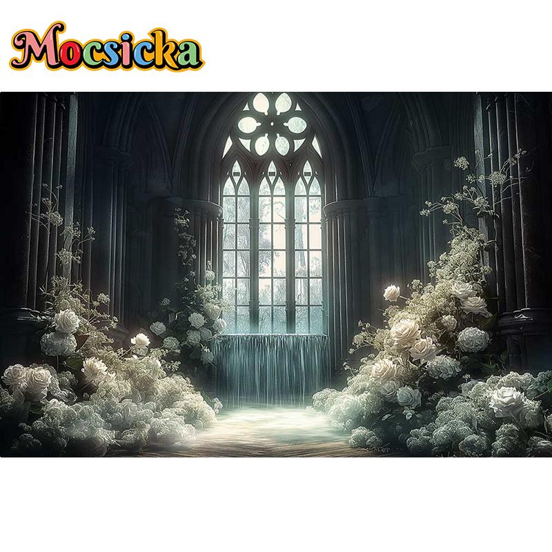 Mocsicka Photography Background Dreamy Misty Arch Castle Floral Decor Wedding Maternity Adult Art Portrait Backdrop Photo Studio