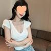2025 Summer Sexy Lace V-Neck Cropped Top for Women - Slim Fit Short Sleeve