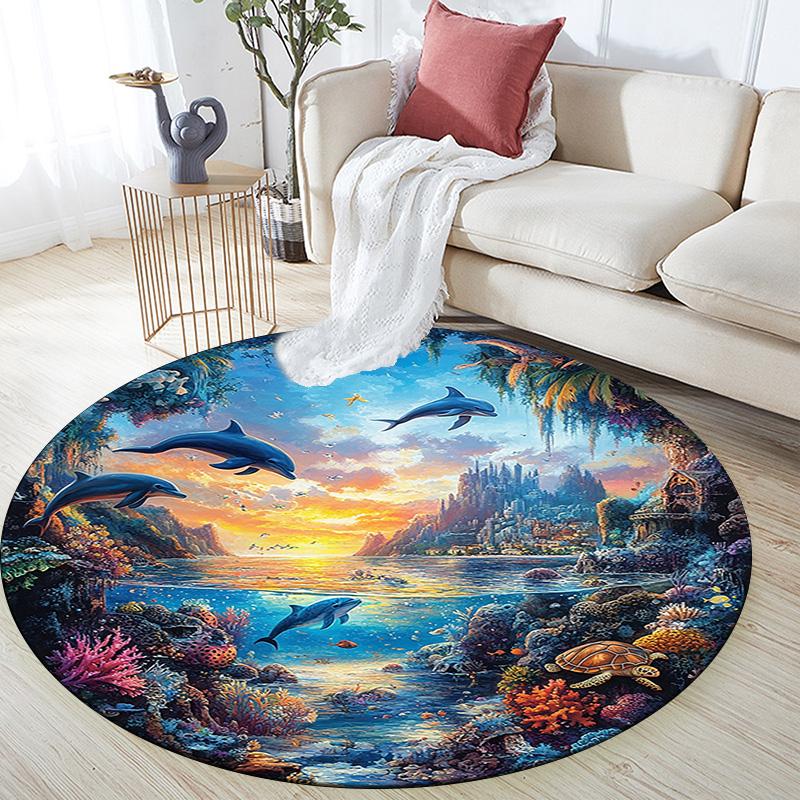 Dolphins Coral Round Area Rug,Carpet Rug for Living Room Bedroom Sofa Playroom Decor,Non-slip Floor Mat