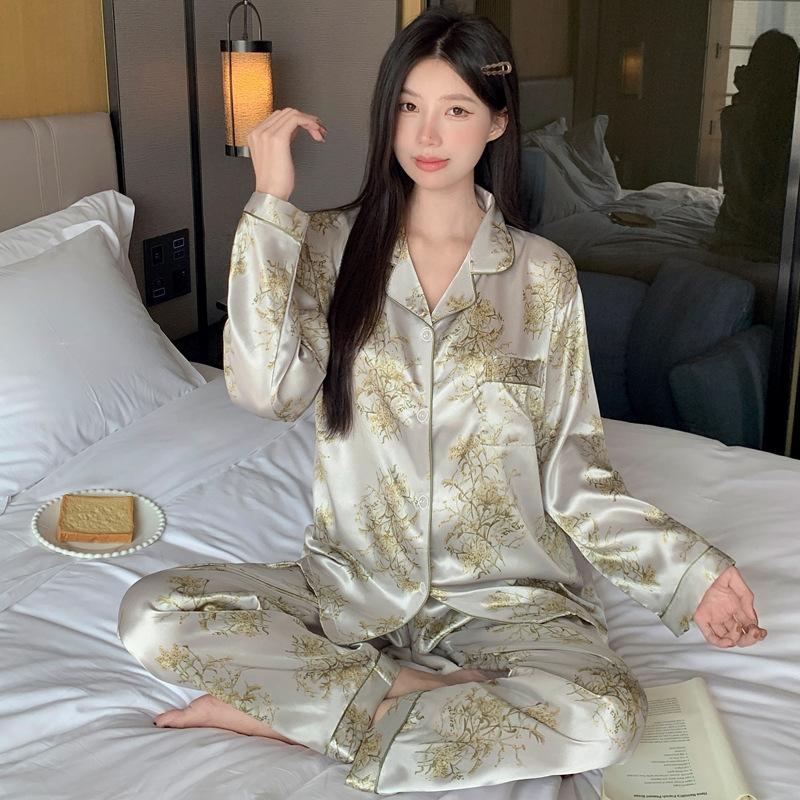 French Cute Cat Ice Silk Pajamas Women'S Spring And Autumn Sweet Wind Cool Long-Sleeved Loungewear Suit Can Be Worn Outside