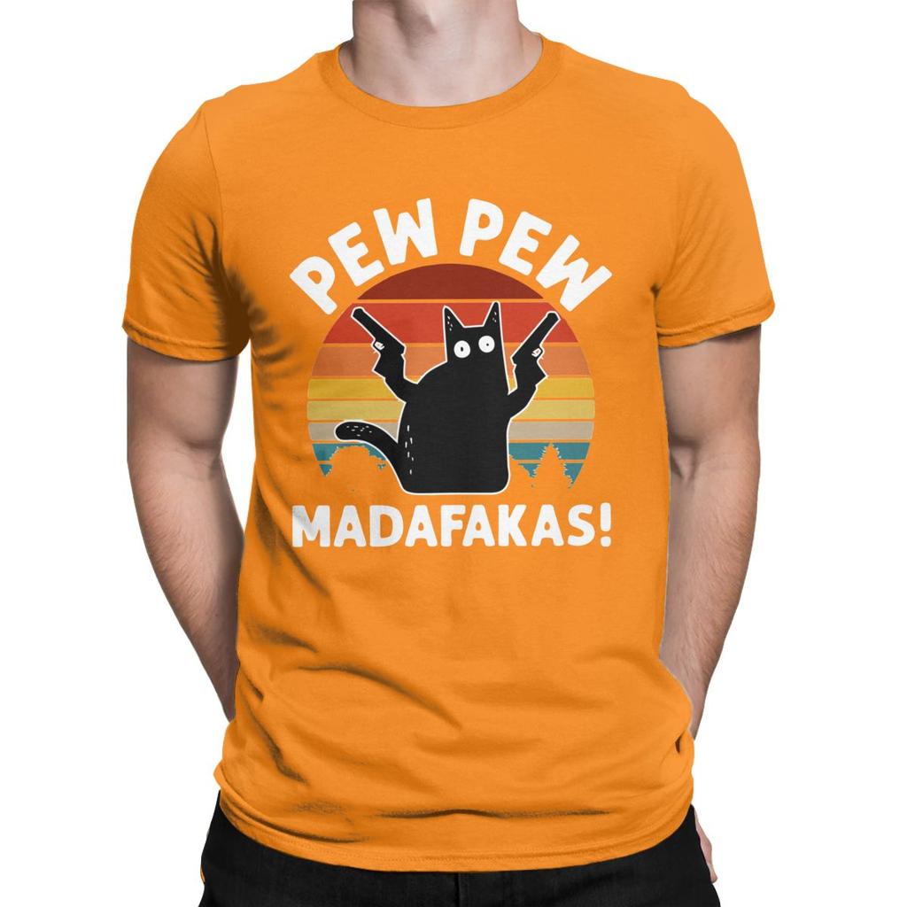 Men Vintage Retro Black Cat Pew Pew Madafakas T Shirt Pure Cotton Clothes Funny Short Sleeve Tee Shirt Gift Idea T-Shirts