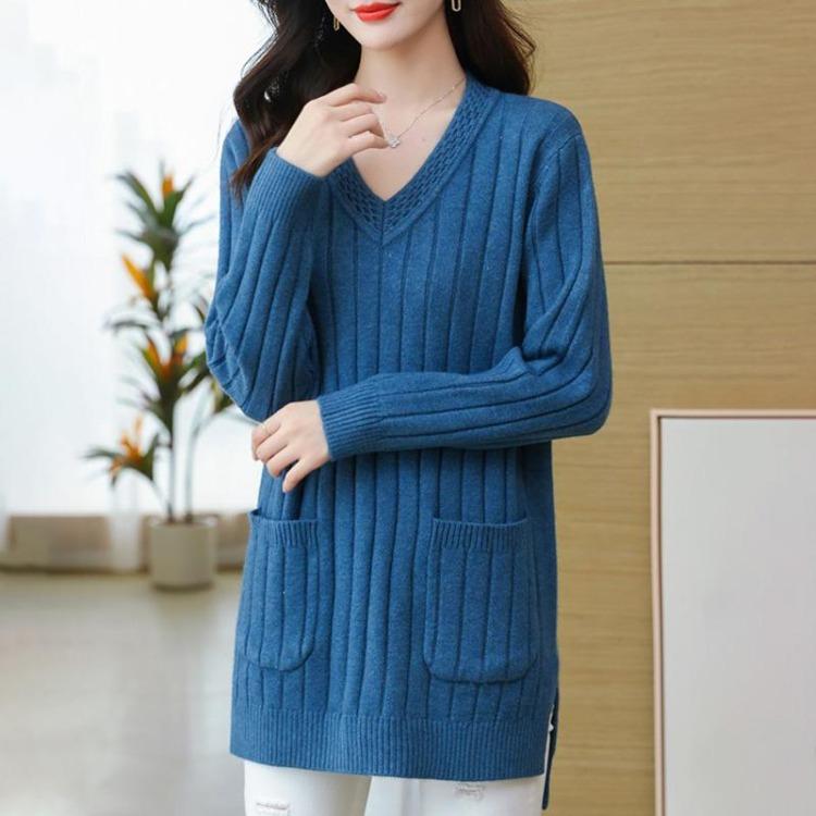 Warm Knitted Sweater for Women Thickened V Neck Pullover Long Sleeve Large Size Tops Autumn Winter