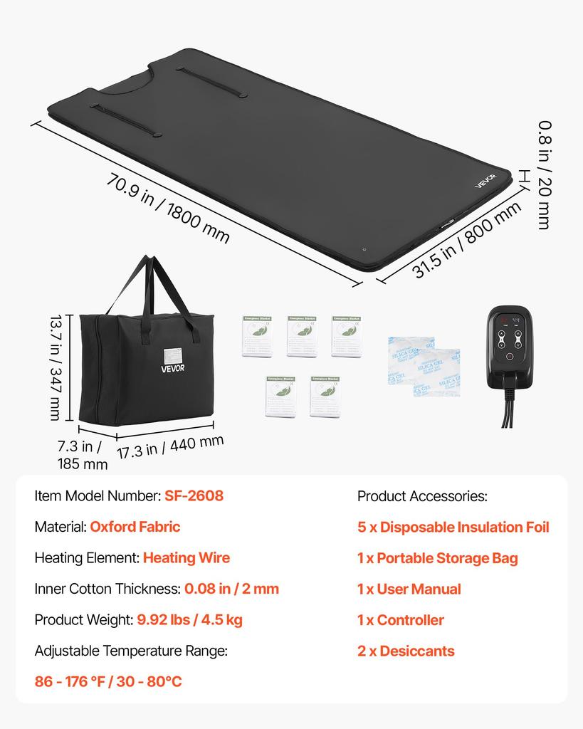 VEVOR Kolluklu Kızılötesi Sauna Battaniyesi, 180 x 80 cm Taşınabilir Sauna Çantası, Ev Detoksu ve Rahatlaması İçin Eşit Isıtma, Sıcaklık Kontrolü ve Zamanlayıcı
