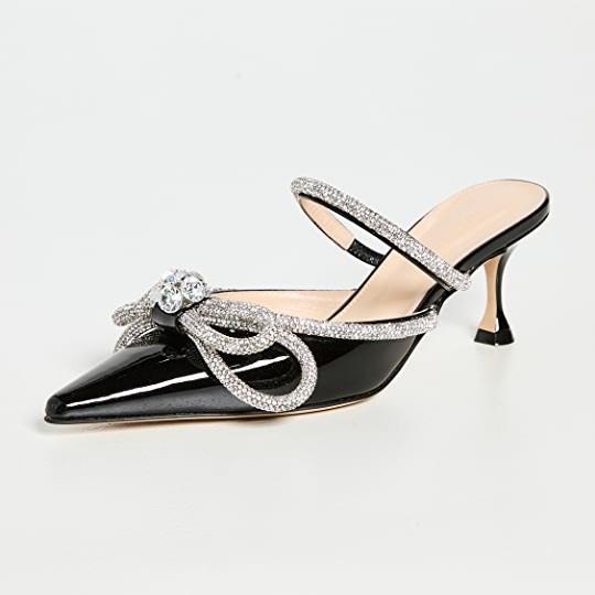 European and American Black Bow Rhinestone High Heels Slippers Pointed Head Bag Head One Pedal Sandals Fashion Wear European and American Style