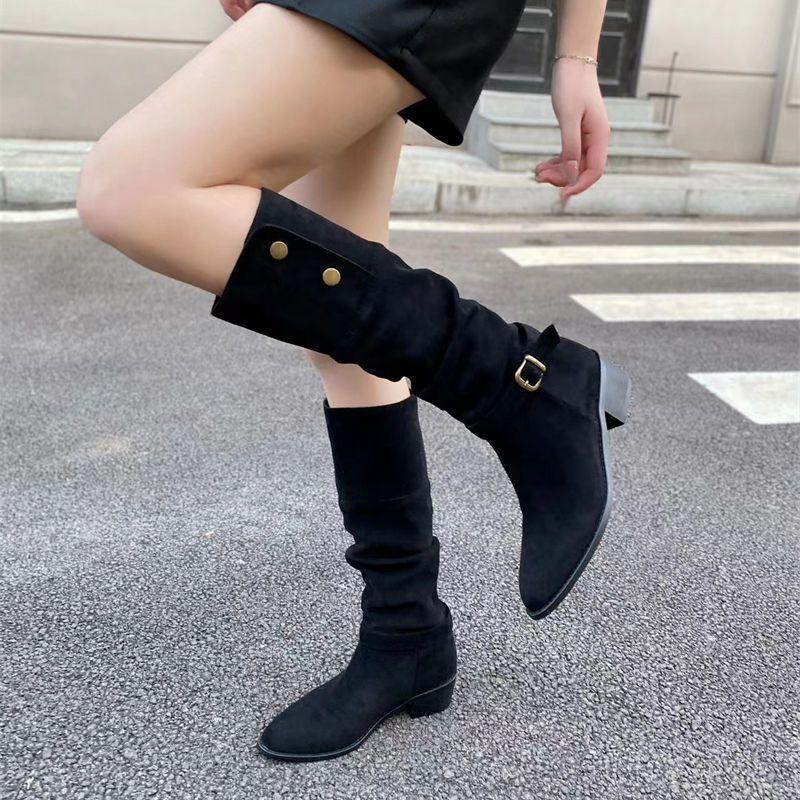 Belt Buckle Medium Heel Thick Heel Tall Tube Thin 2025 New Autumn Thin Boots Suede Brown Single Boots Long Boots Versatile