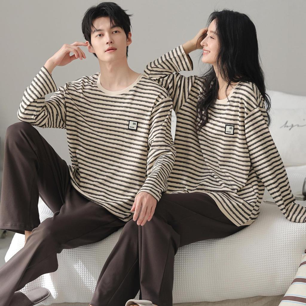 2025 New Couple's Pure Cotton Striped Pajama Set - Long Sleeve for Spring and Autumn