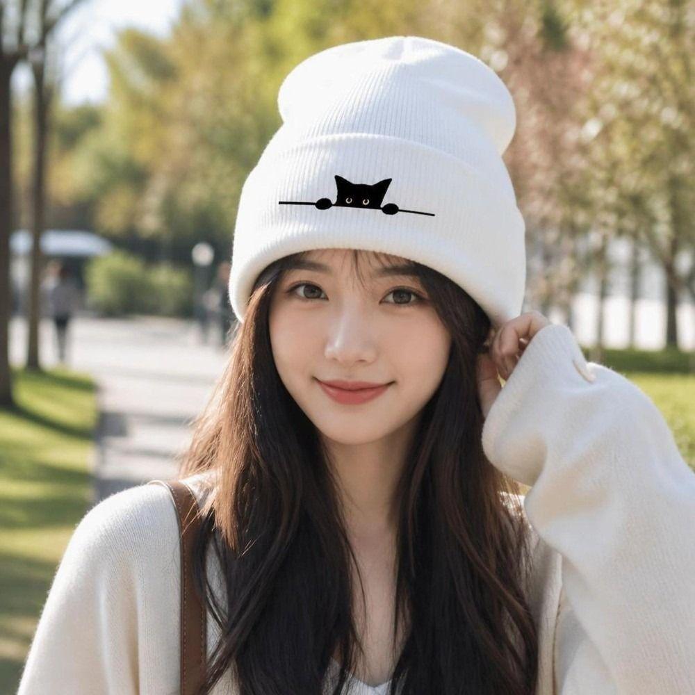 Cartoon Cat Printed Warm Hat Windproof Pullover Cap High Quality Knitted Beanie Hat Outdoor