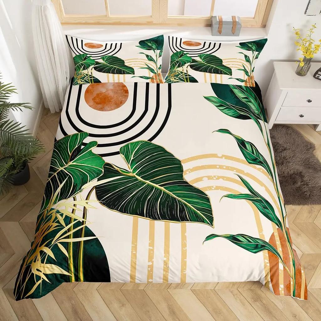 Mid Century Boho Duvet Cover Full,Abstract Art Simple Comforter Cover Minimalist Tropical Palm Leaves Bedding Set For Kids Adult