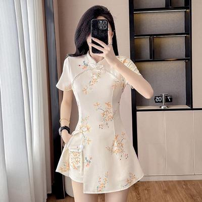 Elastic Floral Cheongsam Dress Set: Young, Gentle Style