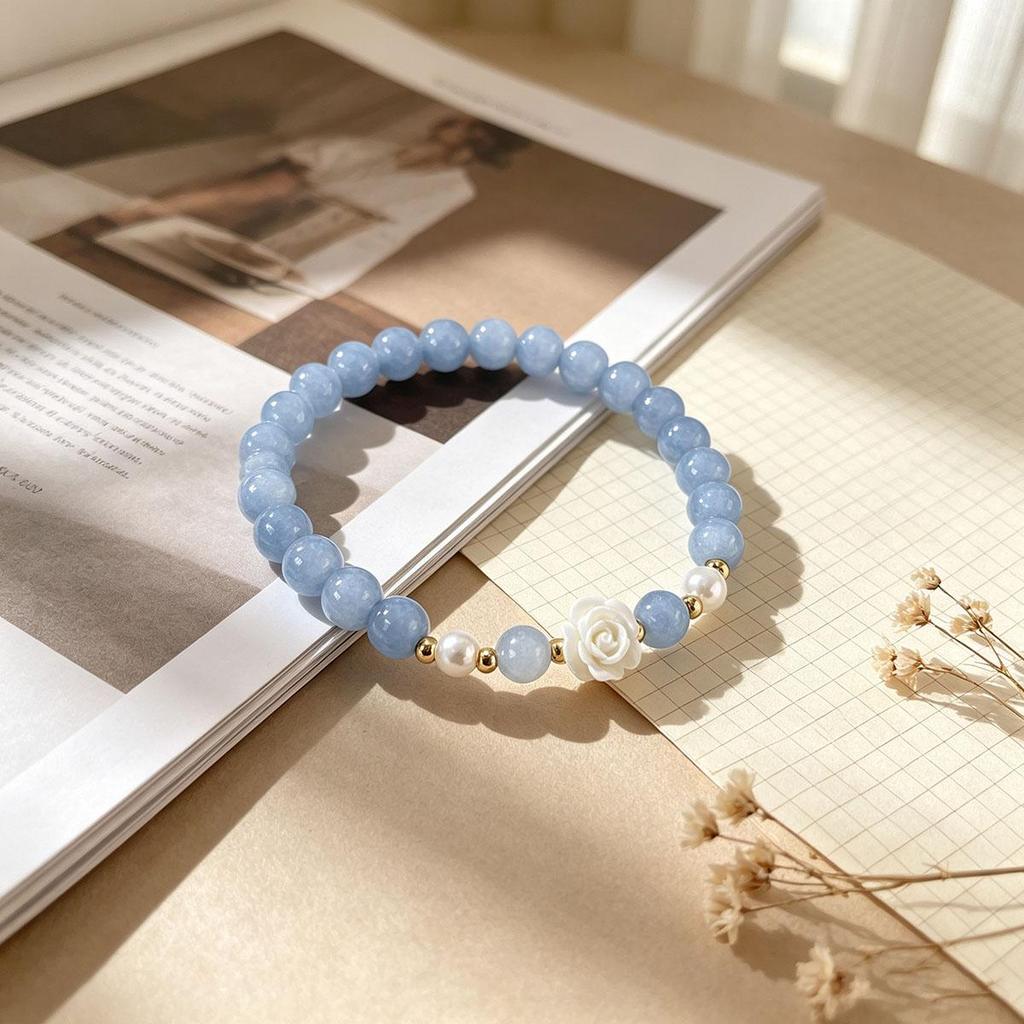 Ocean Blue Bracelet Women Korean Simple Small Design Daily Exquisite Beaded Camellia Jewelry Gentle Wear Style