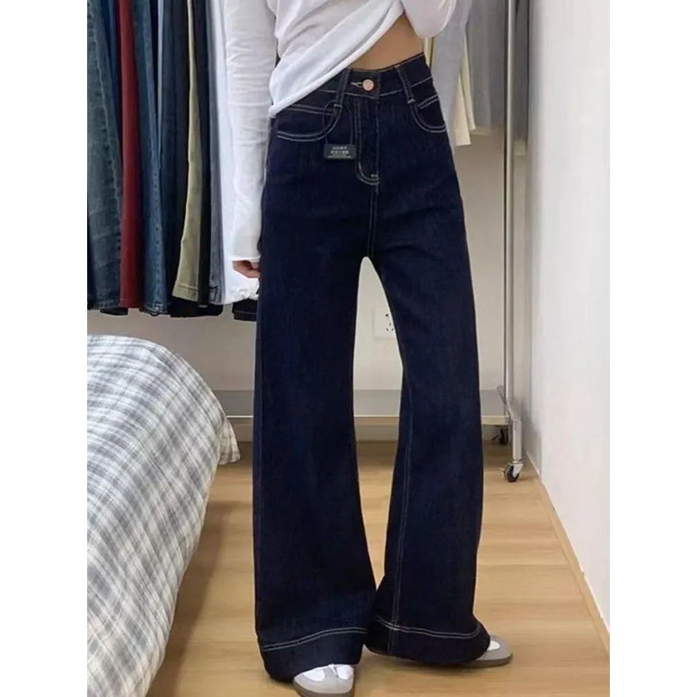 Women's High Rise Loose Fit Flared Jeans Fleece Lined Vintage Dark Blue Wide Leg Denim Pants Winter Floor Length Trousers