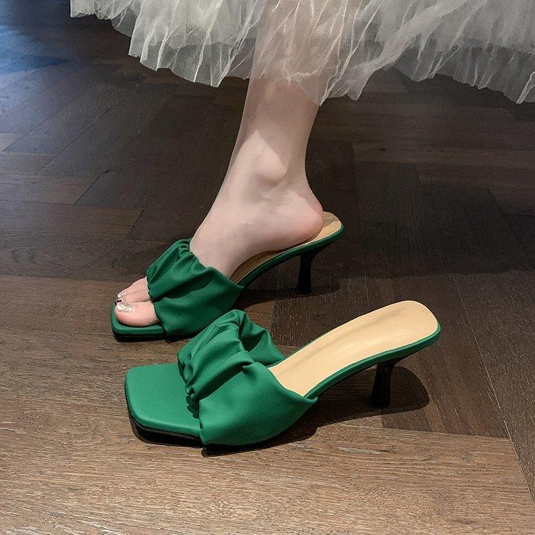 Giant Soft Clouds Wrinkled Square Head Open Toes Thin Heels Cool Slippers Women Wear One Word Cool Slippers In Summer Women