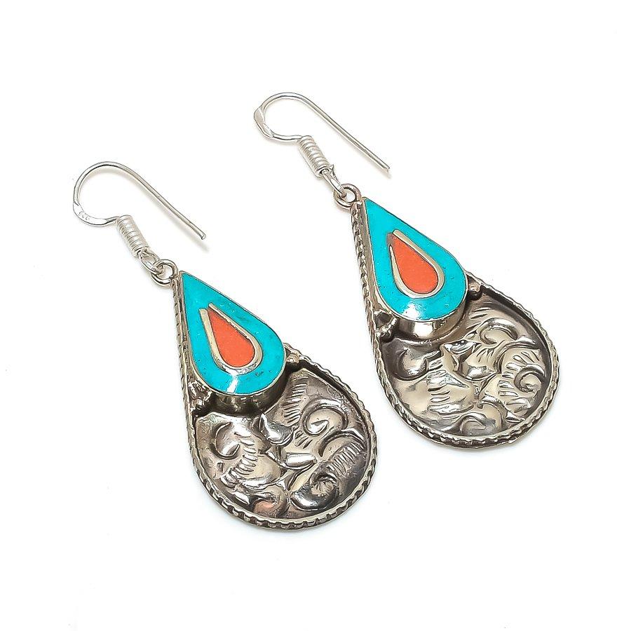 

Natural Tibetan Turquoise, Coral Gemstone Handmade Jewelry Earring 2.56 R1F03