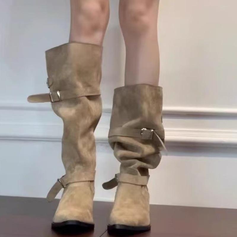 Autumn new fashionable retro pleated boots women's knee stacking boots western cowboy boots