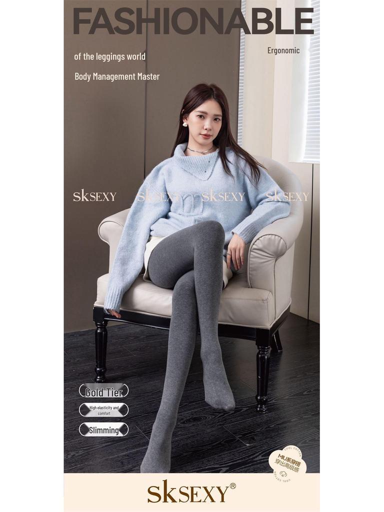SK553 Women's Gray Slimming Fleece-Lined Stripe Pantyhose - Warm Autumn/Winter Style