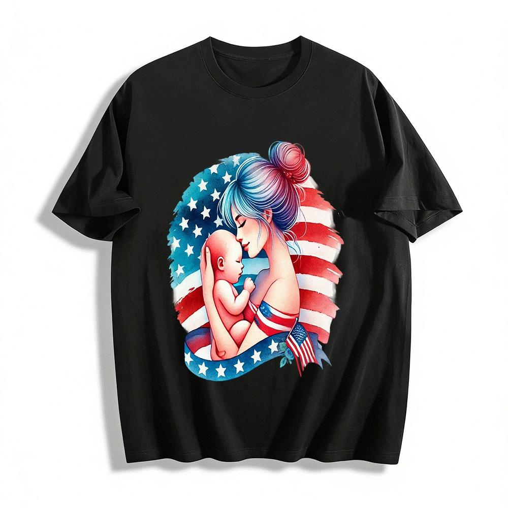 

Patriotic Mother And Baby Print Short Sleeve T-shirt Pure cotton T-shirt XXS