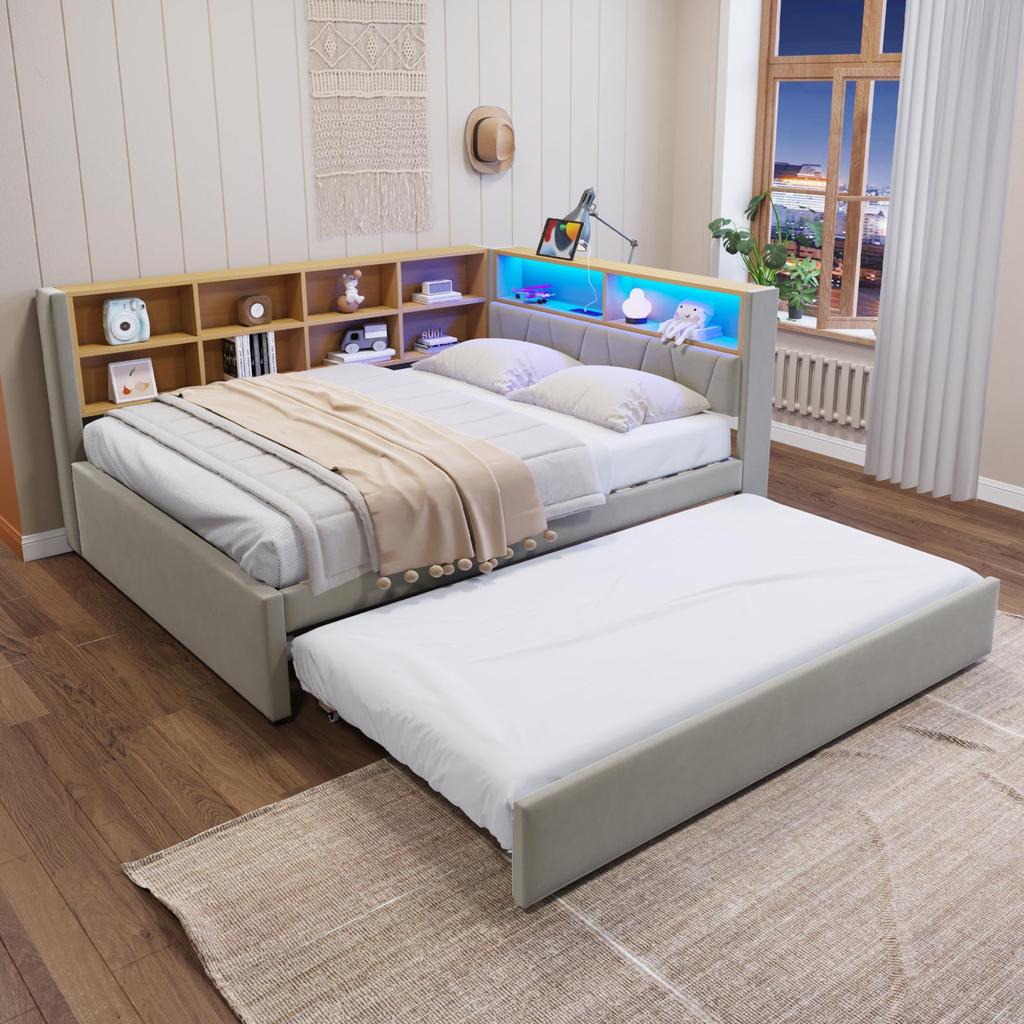 Schlafsofa 90 x 200 cm, mit Ausziehbett 90 x 190 cm, Schlafcouch Ausziehbar mit LED Leuchten und Ablagefächern, Flanell, Beige (Ohne Matratze)