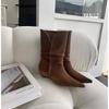 French Retro Pointed Pleated Thick Heel Medium Tube Short Boots Children 2025 New Temperament Hundred Fashion with Western Boots