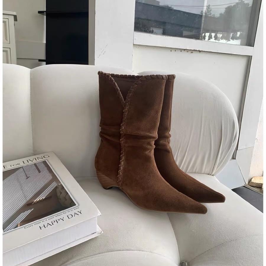 French Retro Pointed Pleated Thick Heel Medium Tube Short Boots Children 2025 New Temperament Hundred Fashion with Western Boots