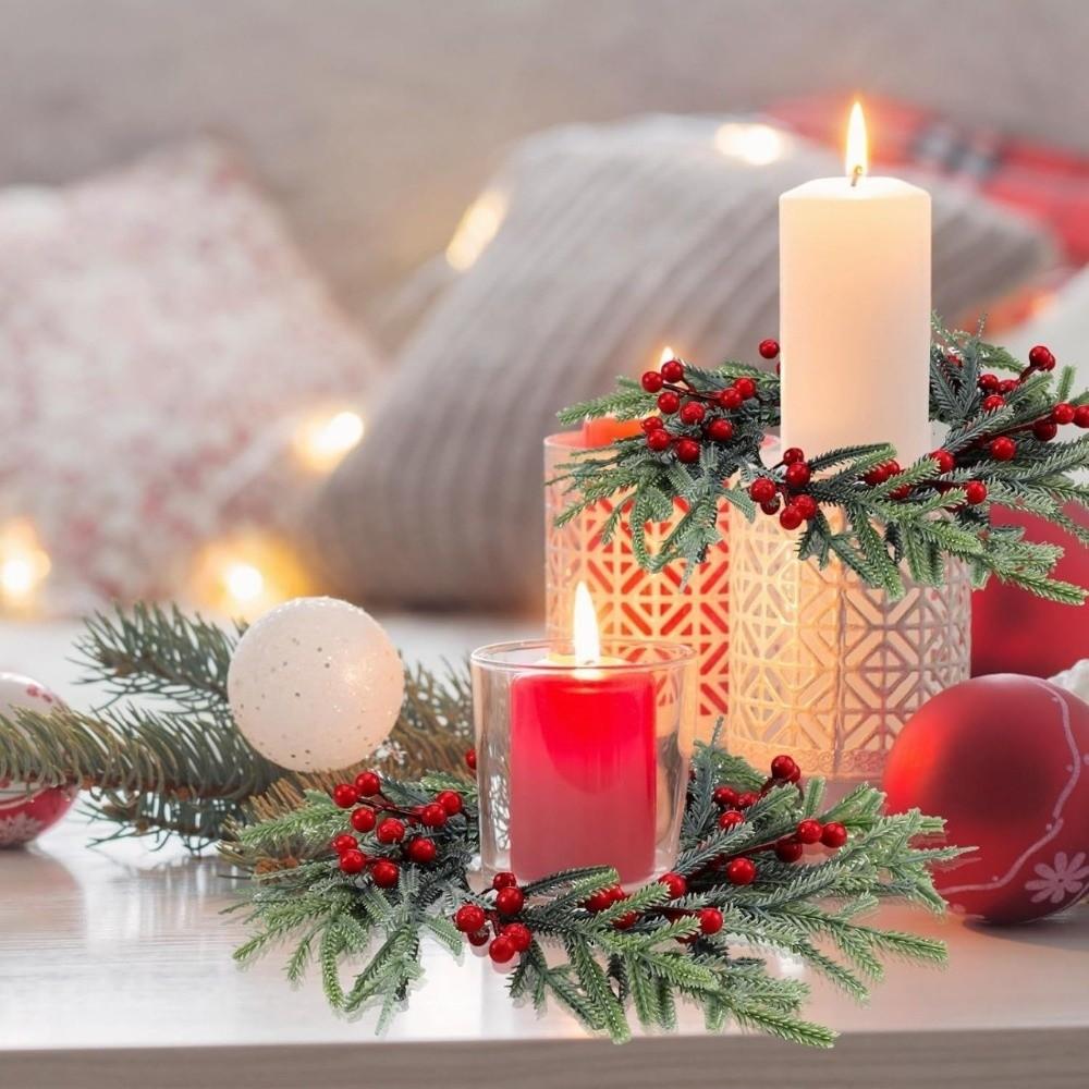 Artificial Christmas Candle Rings with Red Berry Christmas Table Decoration Candle Holder Rings Plastic Small Xmas Candle Wreath