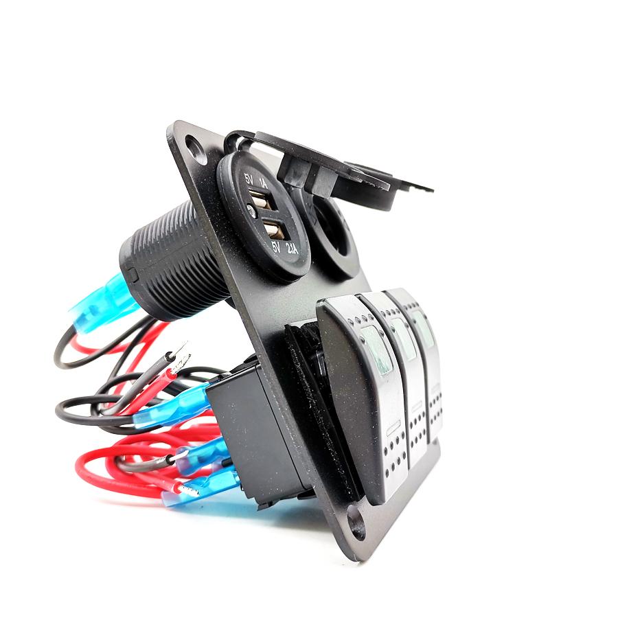 Schalterpaneel 3-fach Wippschalter Boot Auto Schalttafel 2USB Steckdose