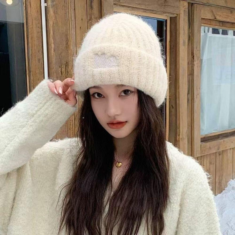 Embroidered Letters Winter Beanie Hat Solid Color Warm Hat Stylish Pullover Hat  For Women