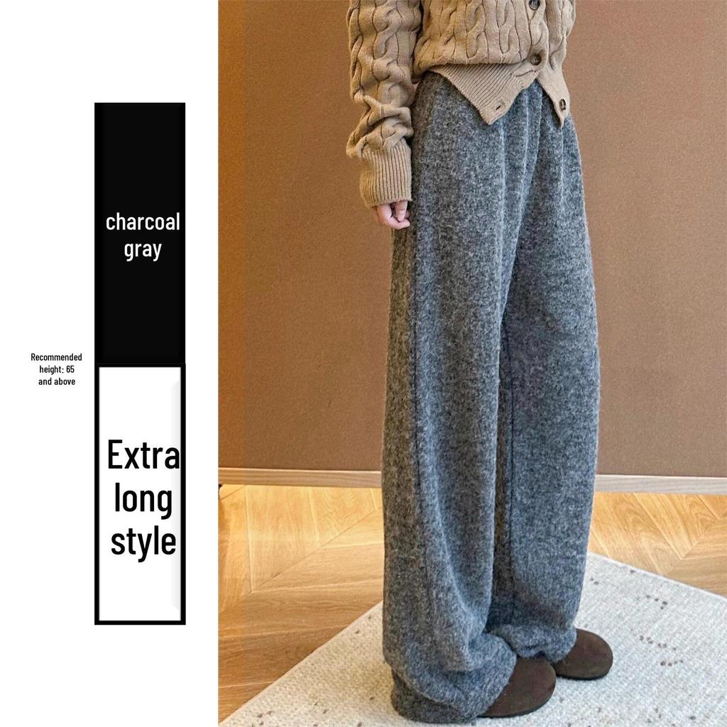 Women's Charcoal Grey High Waist Cashmere Wide-Leg Pants - Korean Style Autumn/Winter 2025