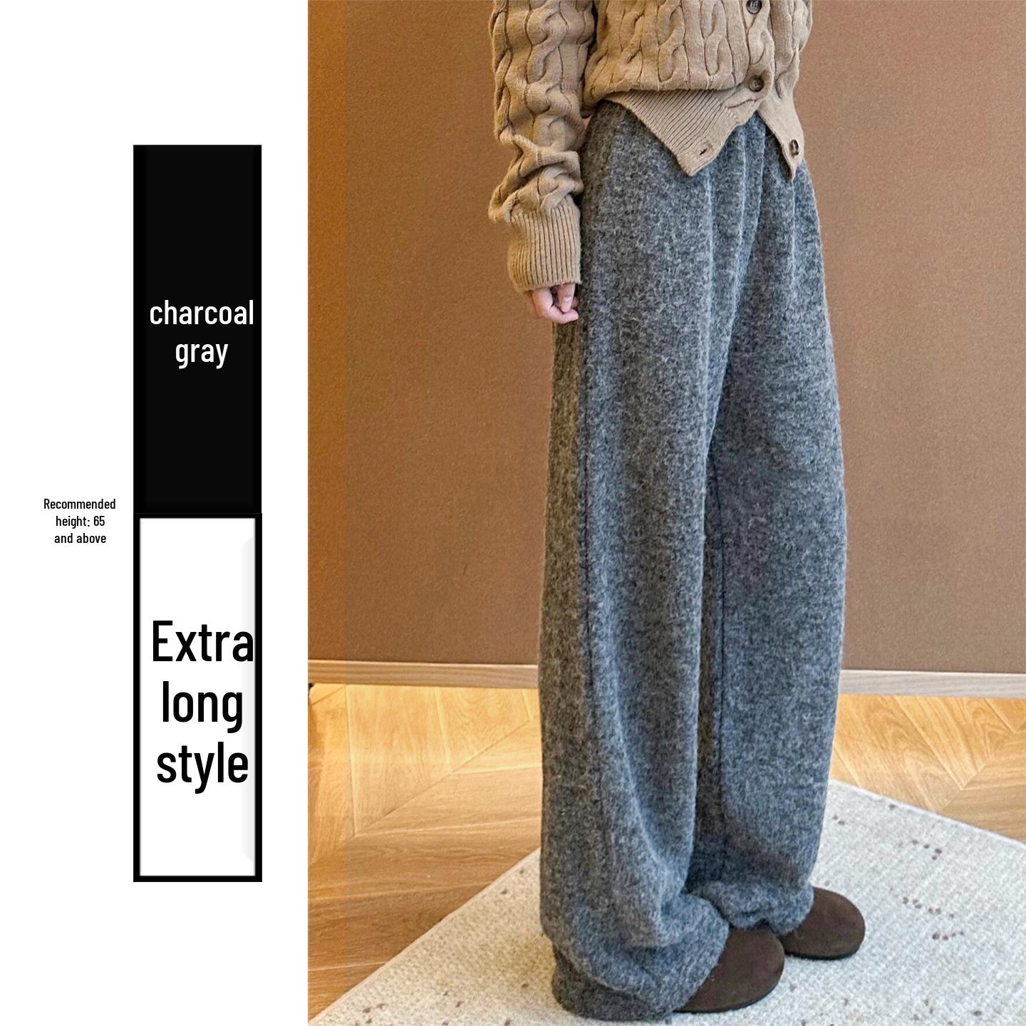 Women s Charcoal Grey High Waist Cashmere Wide-Leg Pants - Korean Style Autumn/Winter 2025 Large