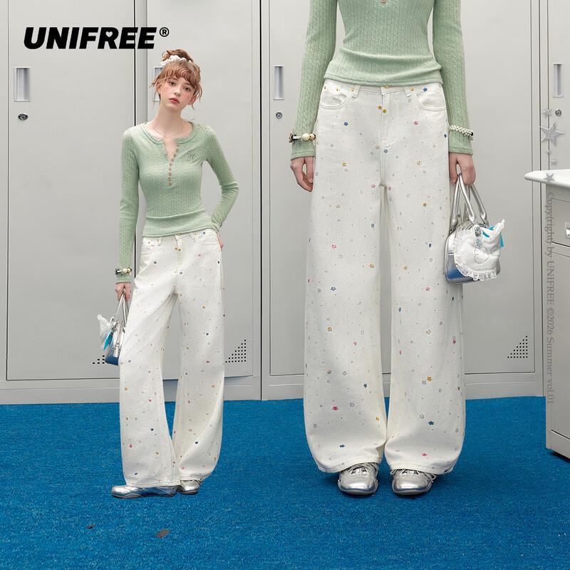 UNIFREE Floral Embroidered Loose Wide-Leg Jeans L