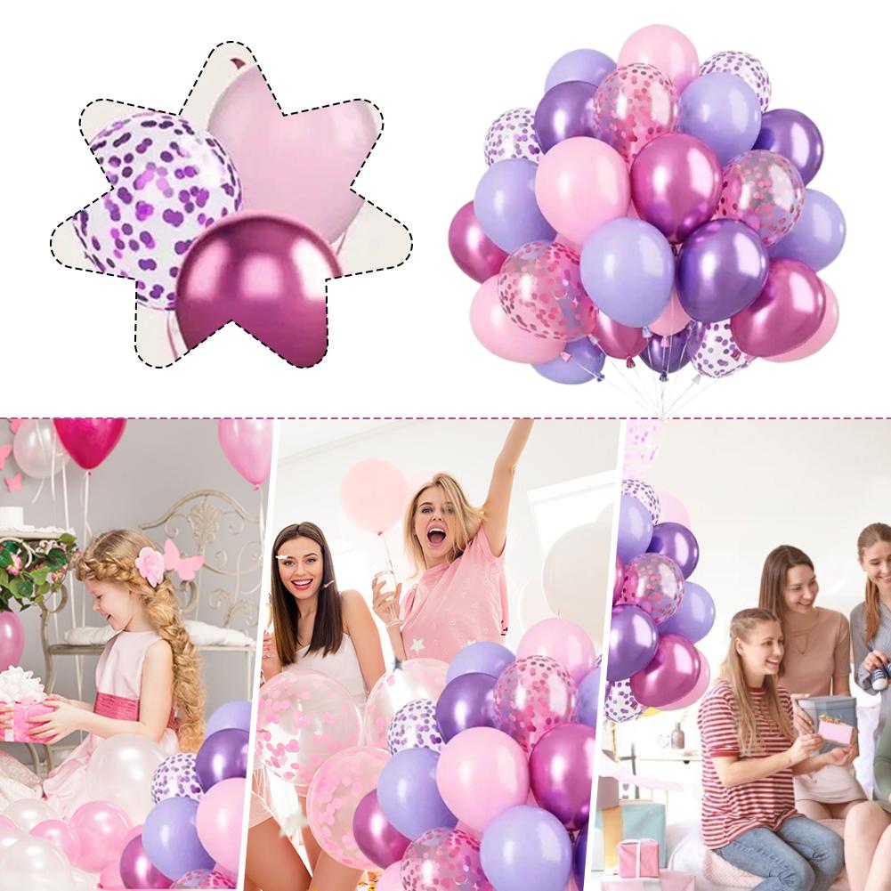 52PCS Metallic Pink Purple Balloons Set Hot Pink Latex Balloons Gold Confetti Pearl Balloons for Wedding Birthday Party Decor